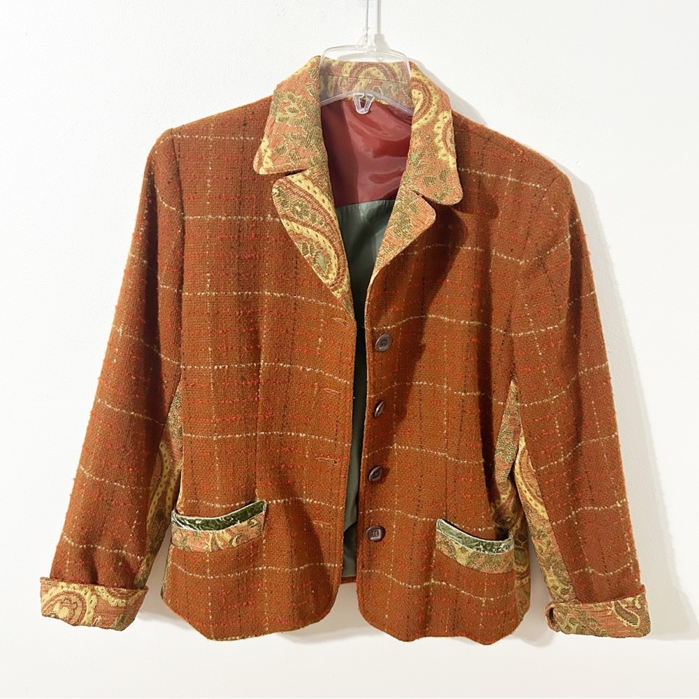 Vintage Harve Bernard Mixed Pattern Plaid with Paisley Trim Blazer Wool Blend